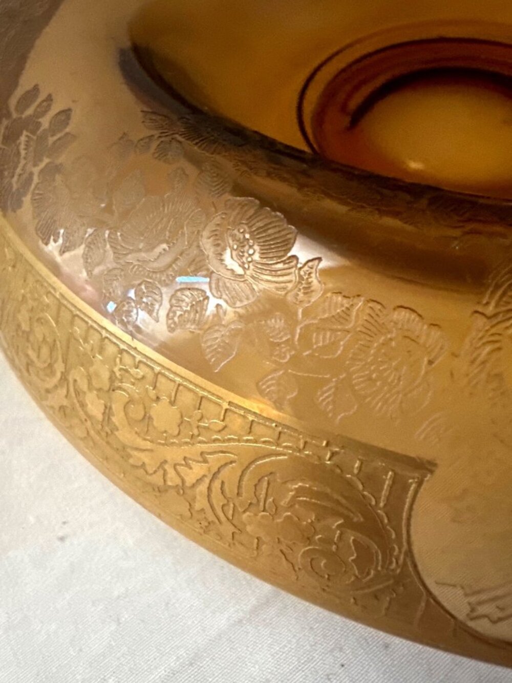 Amber Color Glass Console Bowl Candle Holders Etched Mid Century - Picture 7 of 12